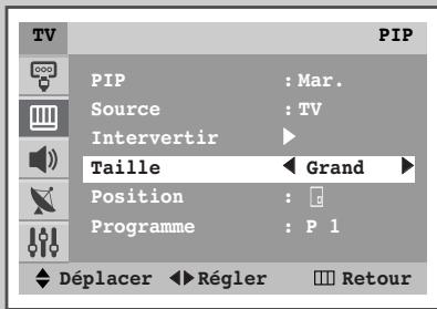 TV PIP PIP : Mar. Source : TV Intervertrir Taille Grand Position : Programme : P 1 Déplacer Régler Retour