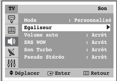 TV Son Mode : Personnalisé Egaliseur Volume auto : Arrêt SRS WOW : Arrêt Son Turbo : Arrêt Pseudo Stéréo : Arrêt Déplacer Enter Retour