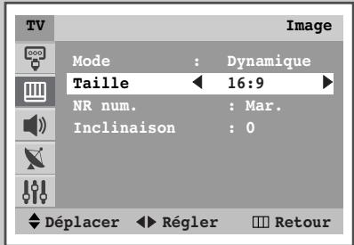 TV Image Mode : Dynamique Taille 16:9 NR num. : Mar. Inclinaison : 0 Déplacer Régler Retour