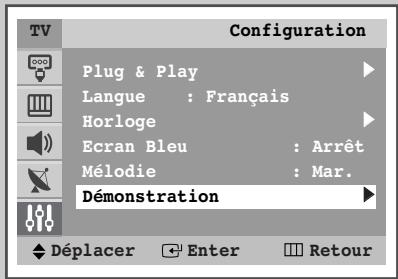 Configuration Plug & Play Langue : Français Horloge Ecran Bleu : Arrêt Mélodie : Mar. Démonstration Déplacer Enter Retour