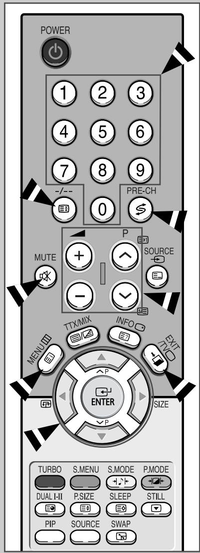 POWER 1 2 3 4 5 6 7 8 9 -/-- 0 PRE-CH MUTE P SOURCE - - TTXMX INFO MENU OUT ENT P ENTER SIZE TURBO S.MENU S.MODE P.MODE DUAL I-II P.SIZE SLEEP STILL PIP SOURCE SWAP