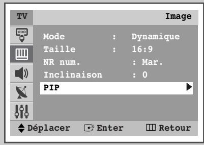 TV Image Mode : Dynamique Taille : 16:9 NR num. : Mar. Inclinaison : 0 PIP Déplacer Enter Retour