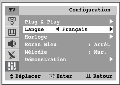 Configuration Plug & Play Langue ← Français Horloge Ecran Bleu : Arrêt Mélodie : Mar. Démonstration Déplacer Enter Retour