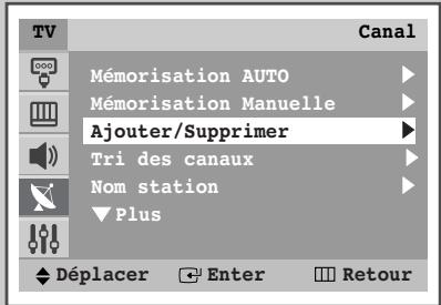 TV Canal Mémorisation AUTO Mémorisation Manuelle Ajouter/Supprimer Tri des canaux Nom station Plus Déplacer Enter Retour