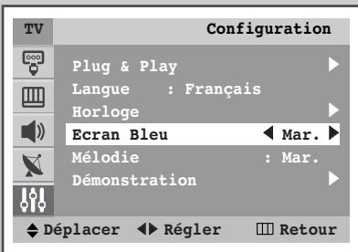 TV Configuration Plug & Play Langue : Français Horloge Ecran Bleu Mélodie : Mar. Démonstration Déplacer Régler Retour