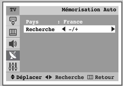 TV Mémorisation Auto Pays : France Recherche ← -/+ Déplacer ← Recherche □ Retour