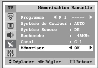 Mémorisation Manuelle Programme ◀ P 1 ---- ► Système de Couleur : AUTO Système Sonore : DK Recherche : 46MHz Canal : C 1 Mémoriser ◀ OK ► Déplacer ◀ Régler □ Retour