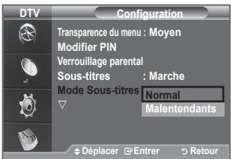 SAMSUNG LE32A336 - Utilisez ce menu pour configurer le Mode Sous-titres. "Normal" s'affiche sous le menu pour les sous-titres de base et "Malentendants" sont les sous-titres pour les personnes malentendantes. - 1