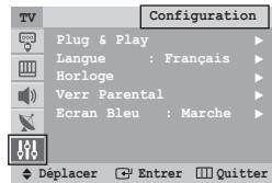Configuration Plug & Play Langue : Français Horloge Verr Parental Ecran Bleu : Marche Déplacer Enterer Quitter