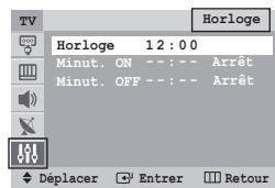 TV Horloge 12:00 Minut. ON --- Arrêt Minut. OFF --- Arrêt Déplacer Enterr Retour