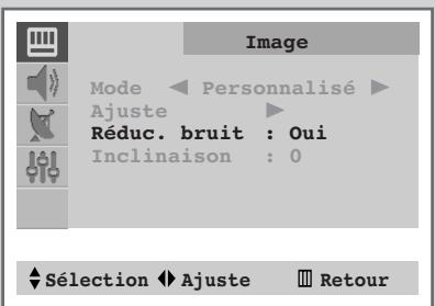 Image Mode < Personnalisé ▶ Ajuste ▶ Réduc. bruit : Oui Inclinaison : 0 ◀ Sélection ◀ Ajuste □ Retour