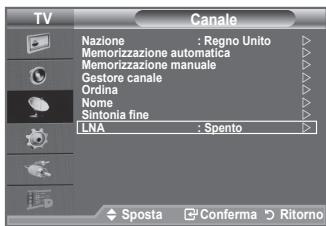 TV Canale Nazione : Regno Unito Memorizzazione automatica Memorizzazione manuale Gestore canale Ordina Nome Sintonia fine LNA : Spento Sposta Conferma Ritorno