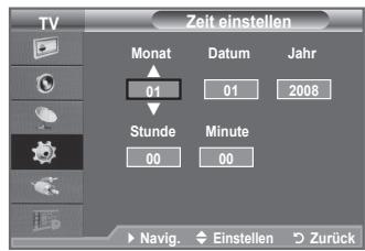 TV Zeit einstellen Monat 01 Datum 01 Jahr 2008 Stunde Minute 00 00 Navig. Einstellen Zurück