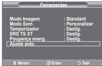 Ferramentas Modo Imagem : Standard Modo Som : Personalizar Temporizador : Deslig. SRS TS XT : Deslig. Poupança energ. : Deslig. Ajuste auto. Mover Enter Sair