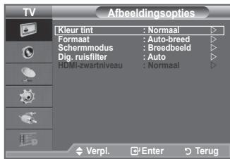 TV Afbeeldingsopties Kleur tint : Normaal Formaat : Auto-breed Schermmodus : Breedbeeld Dig. ruisfilter : Auto HDMI-zwartniveau : Normaal Verpl. Enter Terug