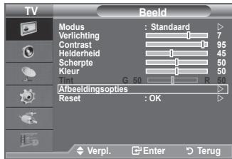 TV Modus : Standaard Verlichting 7 Contrast 95 Helderheid 45 Scherpte 50 Kleur 50 G 50 R 50 Abbeeldingsopties Reset : OK Verpl. Enter Terug