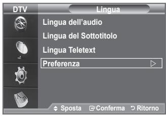 DTV Lingua Lingua dell'audio Lingua del Sottotitolo Lingua Teletext Preferenza Sposta Conferma Ritorno
