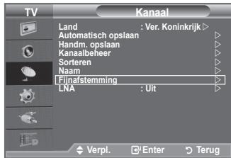 TV Kanaal Land : Ver. Koninkrijk > Automatisch opslaan Handm. opslaan Kanaalbeheer Sorteren Naam Fijnafstemming LNA : Uit Verpl. Enter Terug
