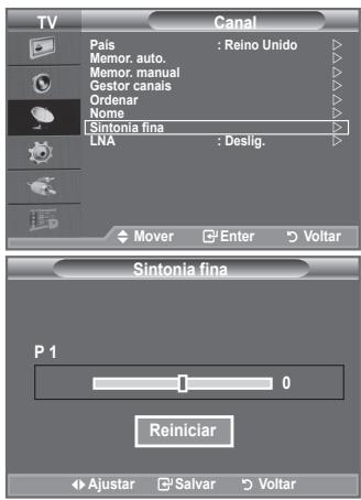TV Canal Pais : Reino Unido Memor. auto. Memor. manual Gestor canais Organar Nome Sintonia fina LNA : Deslig. Mover Enter Voltar Sintonia fina P 1 0 Reiniciar Ajustar Salvar Voltar