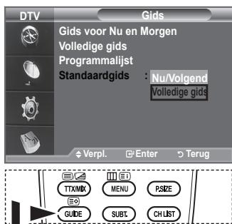 DTV Gids Gids voor Nu en Morgen Volledige gids Programmalijst Standaardgids : Nu/Volgend Volledige gids Verpl. Enter Terug TTX/MX MENU PSIZE GUIDE SUBS CHLIST