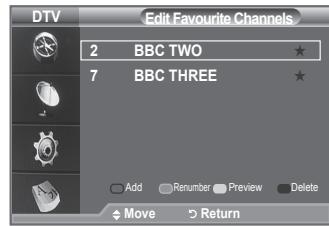 DTV Edit Favourite Channels 2 BBC TWO ★ 7 BBC THREE ★ Add Renumber Preview Delete Move Return
