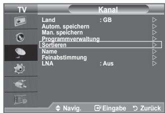 TV Kanal Land : GB Autom. speichern Man. speichern Programmverwaltung Sortieren Name Feinabstimmung LNA : Aus Navig. Eingabe Zurück