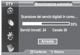 DTV Memorizzazione automatica Scansione dei servizi digitali in corso... 35% Servizi trovati: 24 Canale 38 Arresta Conferma Ritorno