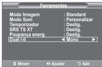 Ferramentas Modo Imagem : Standard Modo Som : Personalizar Temporizador : Deslig. SRS TS XT : Deslig. Poupança energ. : Deslig. Dual I-II Mono Mover Ajustar Sair
