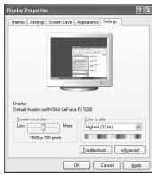 Display Properties Theme Desktop Screen Server Appearance Settings Display: Default Monitor on NVIDIA Server FX 5000 Screen resolution More Color quality Low Higher (20 MB) 1300 by 700 pixels Established Advanced OK Cancel Apply