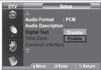 DTV Setup Audio Format : PCM Audio Description Digital Text Disable Time Zone Enable Common Interfece Move Enter Return