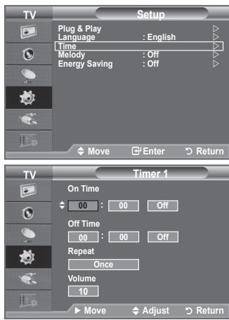Setup Plug & Play Language : English Time Melody : Off Energy Saving : Off Move Enter Return Timer 1 On Time 00 : 00 Off Off Time 00 : 00 Off Repeat Once Volume 10 Move Adjust Return