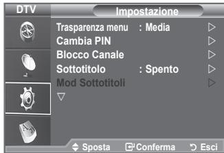 DTV Impostazione Trasparenza menu : Media Cambia PIN Blocco Canale Sottotitolo : Spento Mod Sottotitoli Sposta Conferma Esci