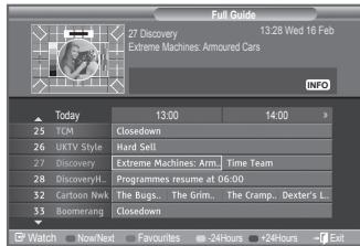 Full Guide 27 Discovery Extreme Machines Armoured Cars 13:28 Wed 16 Feb INFO Today 13:00 14:00 25 TCM Closedown 26 UKTV Style Hard Set 27 Discovery Extreme Machines: Arm Time Team 28 Discovery... Programmes resume at 06:00 32 Cartoon Nwk The Bugs... The Grim... The Cramp... Dexter's L... 33 Boomerang Closedown Watch Now/Next Favourites -24Hours +24Hours Exit