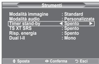Strumenti Modalità immagine : Standard Modalità audio : Personalizzata Timer stand-by ← Spento ► TS XT SRS : Spento Risp. energia : Spento Dual I-II : Mono ◆ Sposta ◀ Conferma ○ Esci