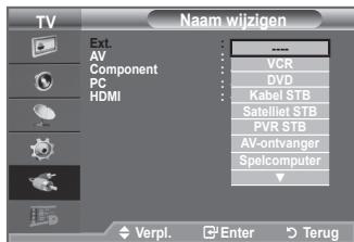 TV Naam wijzigen Ext. AV Component PC HDMI - VCR DVD Kabel STB Satelliet STB PVR STB AV-ontvanger Spelcomputer Verpi. Enter Terug