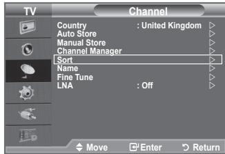 TV Channel Country : United Kingdom Auto Store Manual Store Channel Manager Sort Name Fine Tune LNA : Off Move Enter Return