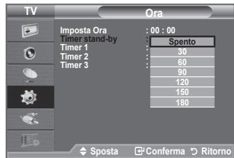 TV Imposta Ora : 00 : 00 Timer stand-by Timer 1 Timer 2 Timer 3 Spento 30 60 90 120 150 180 Sposta Conferma Ritorno