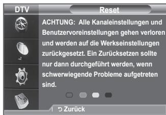 DTV ACHTUNG: Alle Kanaleinstellungen und Benutzervoreinstellungen gehen verloren und werden auf die Werkseinstellungen zurückgesetzt. Ein Zurücksetzen sollte nur dann durchgeführt werden, wenn schwerwiegende Probleme aufgetreten sind. 45 Zurück