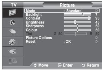 TV Picture Mode : Standard Backlight 7 Contrast 95 Brightness 45 Sharpness 50 Colour 50 Tin G 50 R 50 Picture Options :OK Reset