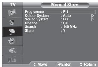 TV Programme : P 1 Colour System : Auto Sound System : BG Channel : S 6 Search : 140 MHz Store : ?