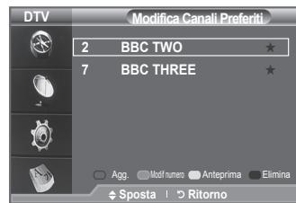 DTV Modifica Canali Preferiti 2 BBC TWO ★ 7 BBC THREE ★ Agg. Modif numero Anteprima Elimina Sposta | Ritorno