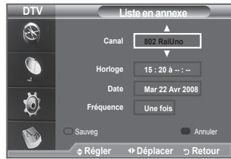 DTV Liste en annexe Canal 802 RailUno Horloge 15 : 20 à : -- Date Mar 22 Avr 2008 Fréquence Une fois Sauveg Annuler Régler Déplacer Retour