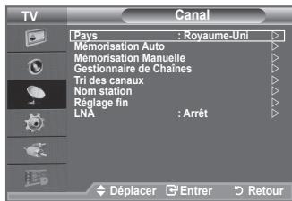 TV Canal Pays : Royaume-Uni Mémorisation Auto Mémorisation Manuelle Gestionnaire de Chaines Tri des canaux Nom station Régage fin LNA : Arrêt Déplacer Entrer Retour