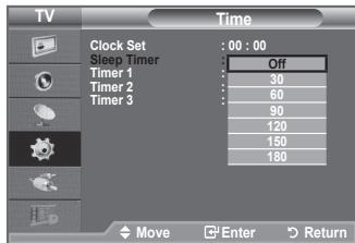 TV Clock Set : 00 : 00 Sleep Timer Timer 1 Timer 2 Timer 3 Off 30 60 90 120 150 180 Move Enter Return
