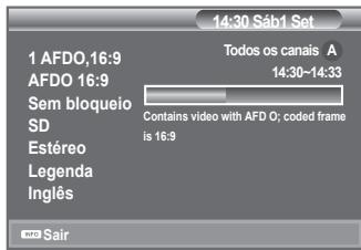 14:30 Sáb1 Set 1 AFDO,16:9 AFDO 16:9 Sem bloqueio SD Estéreo Legenda Inglês Todos os canais A 14:30~14:33 Contains video with AFD O; coded frame is 16:9 Sair