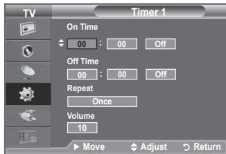 TV Timer 1 On Time 00 : 00 Off Off Time 00 : 00 Off Repeat Once Volume 10 ► Move ↓ Adjust > Return