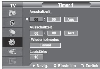 TV Timer 1 Anschaltzeit 00 : 00 Aus Ausschaltzeit 00 : 00 Aus Wiederholmodus Einmal Lautstärke 10 Navig. Einstellen Zurück