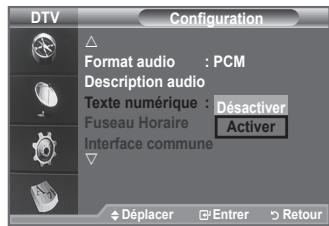 DTV Configuration Format audio : PCM Description audio Texte numérique : Désactiver Fuseau Horaire Activer Interface commune Déplacer Entrer Retour