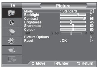 TV Picture Mode : Standard Backlight 7 Contrast 95 Brightness 45 Sharpness 50 Colour 50 Hue G 50 R 50 Picture Options Reset : OK Move Enter Return