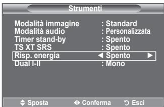 Strumenti Modalità immagine : Standard Modalità audio : Personalizzata Timer stand-by : Spento TS XT SRS : Spento Risp. energia ◀ Spento ▶ Dual I-II : Mono ◆ Sposta ◀ Conferma ○ Esci